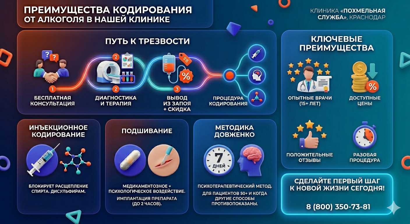 Инфографика о методах кодирования от алкоголя в Прокопьевске: инъекции, подшивание, метод Довженко. Преимущества клиники и этапы лечения.