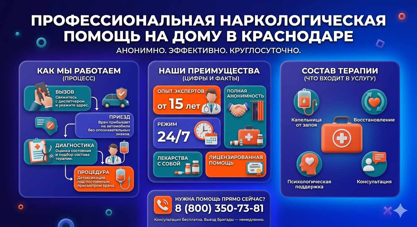 Инфографика о принципах лечения алкоголизма на дому в Прокопьевске: этапы вызова нарколога, преимущества анонимной детоксикации и состав медицинской помощи.